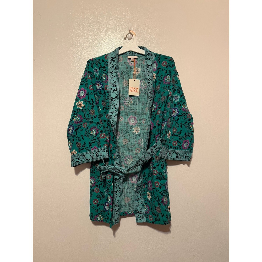 Knox Rose Green Floral Print Kimono Wrap Jacket Teal Boho Belted XS/S NEW